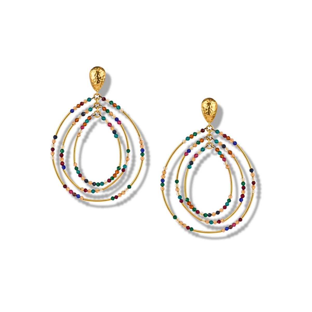 The Easy Breezy Multicolor Post Earrings by JAREDJAMIN Jewelry Online feature gold-plated dangle earrings with three open teardrop hoops per earring, each accented with colorful beads for a vibrant layered look.