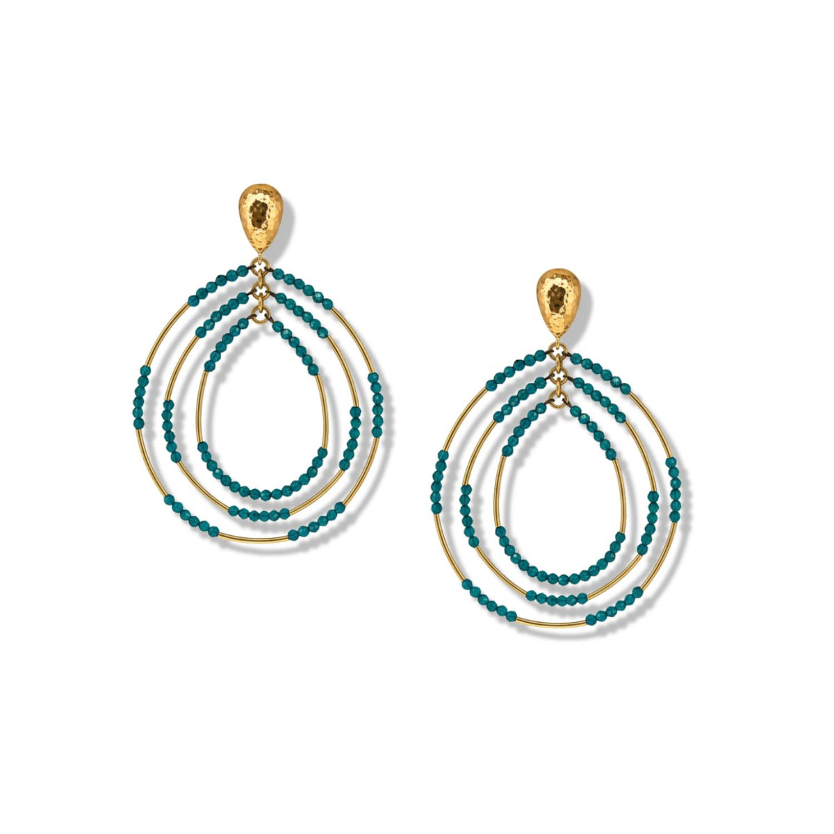 The Easy Breezy Turquoise Post Earrings by JAREDJAMIN Jewelry Online feature three gold-plated concentric teardrop hoops with small turquoise beads and a gold teardrop stud for fastening.