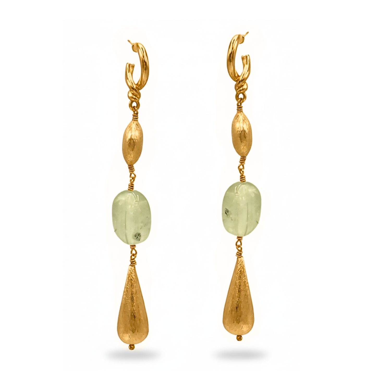 The Elegant Gypsy Earrings by JAREDJAMIN Jewelry Online feature gold-toned hoops, an oval gold bead, pale green rutilated quartz, and a long gold teardrop bead aligned on a wire. White background.