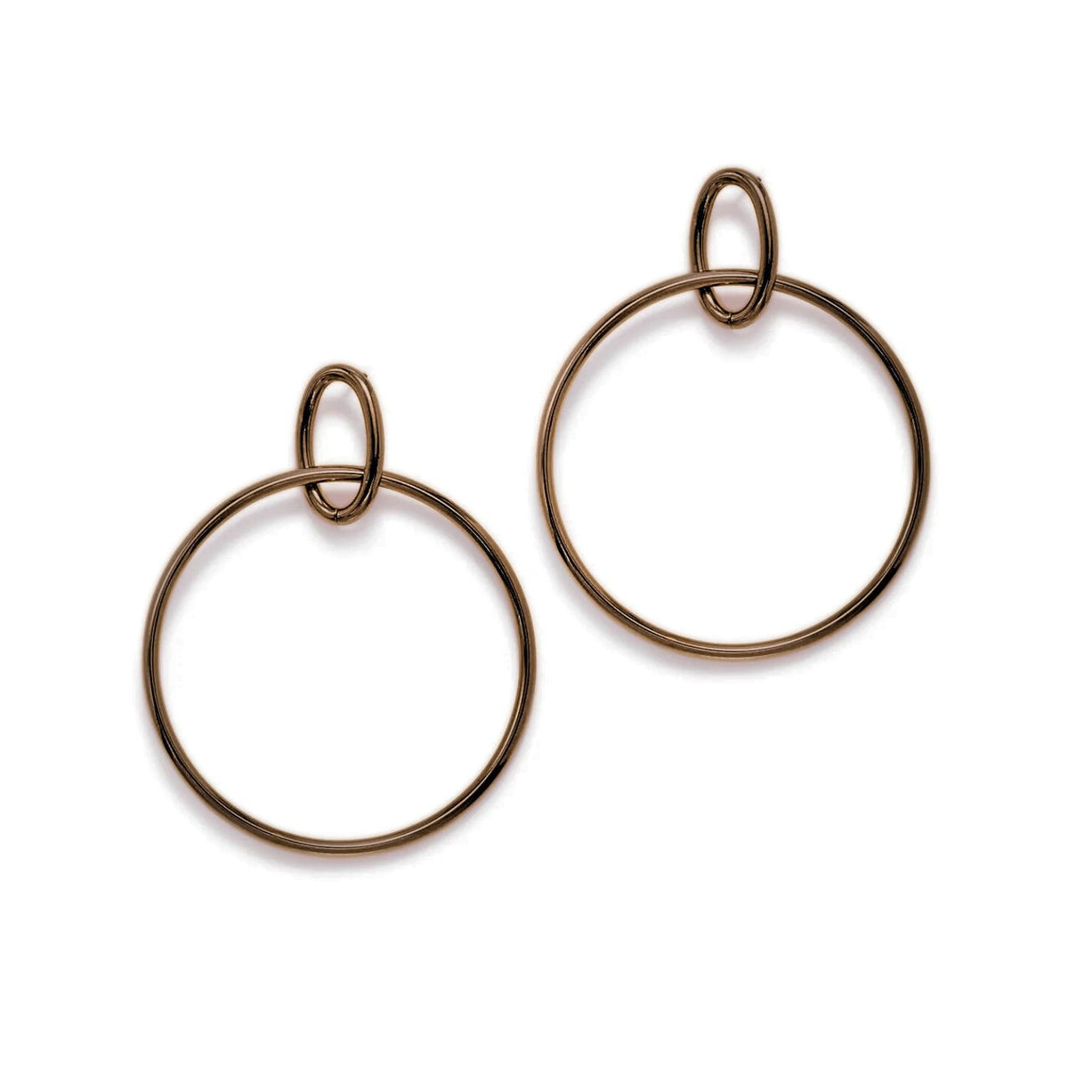 The Everly Antique Dangle Hoop Post Earrings by JAREDJAMIN Jewelry Online feature thin, shiny bronzed metal loops—one large and one small—creating a minimalist, bohemian look against a white background.