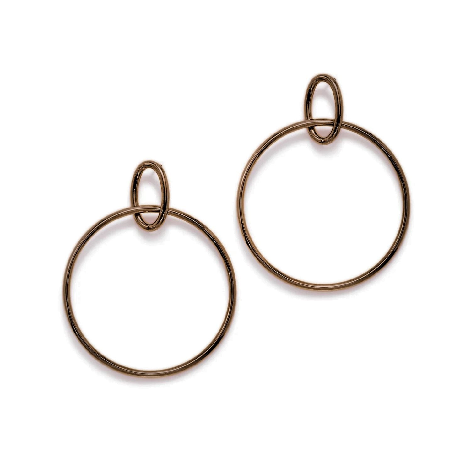 The Everly Antique Dangle Hoop Post Earrings by JAREDJAMIN Jewelry Online feature thin, shiny bronzed metal loops—one large and one small—creating a minimalist, bohemian look against a white background.