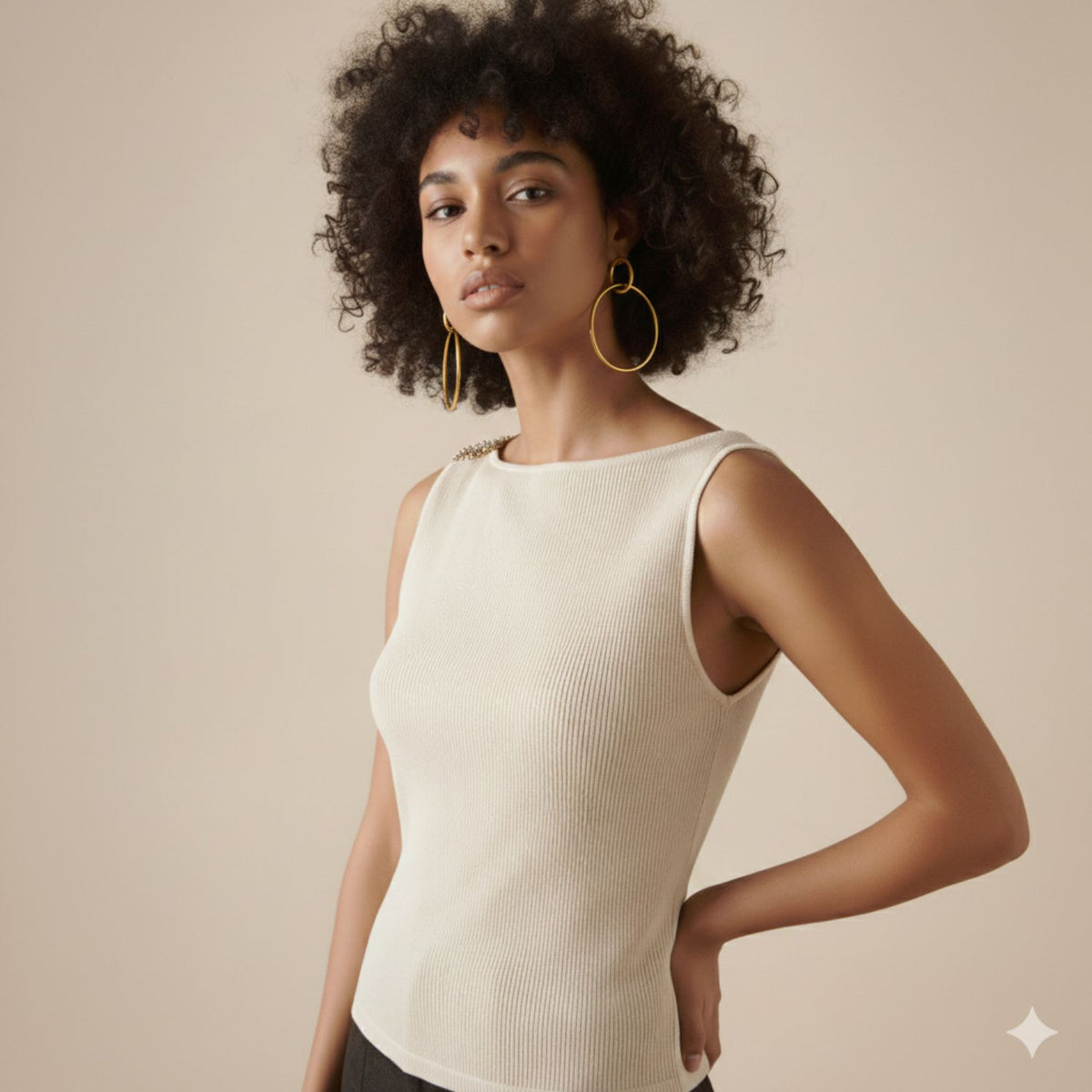 A woman with curly hair wears a sleeveless, cream top and Everly Dangle Hoop Post Earrings from JAREDJAMIN Jewelry Online, standing confidently against a beige background with one hand on her hip.