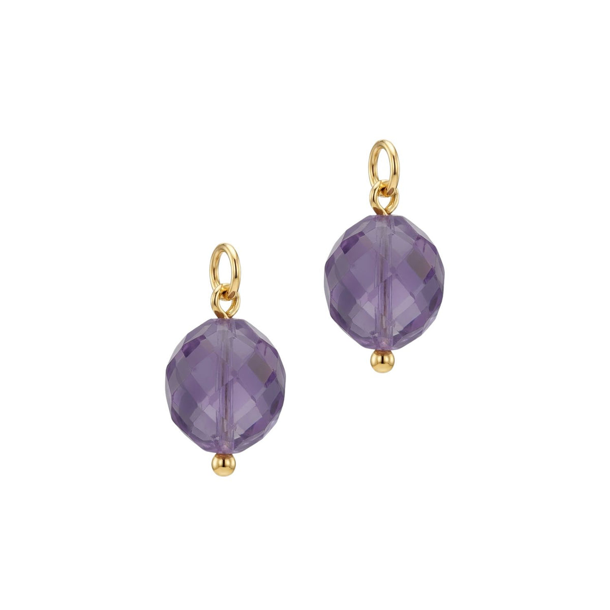 The Hooptastic Gemstone Drop Gold Hoop Earrings by JAREDJAMIN Jewelry Online each showcase a round, faceted purple gemstone bead and a small gold ball, creating a simple yet elegant design.