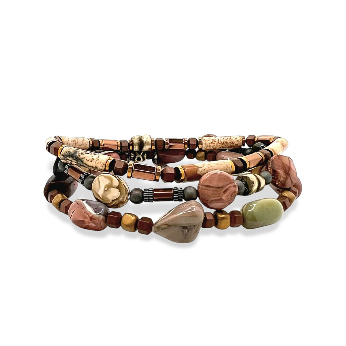 Forest Floor ブレスレット Set JAREDJAMIN製 ジュエリーオンライン 特徴とする earthy-toned beads in brown, tan, beige, olive グリーン,とfancy jasper—crafted in various shapesのためのa layered, natural woodland-inspired look.