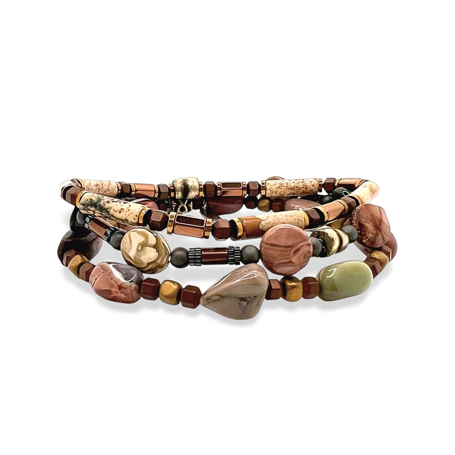 The Forest Floor Bracelet Set by JAREDJAMIN Jewelry Online features earthy-toned beads in brown, tan, beige, olive green, and fancy jasper—crafted in various shapes for a layered, natural woodland-inspired look.