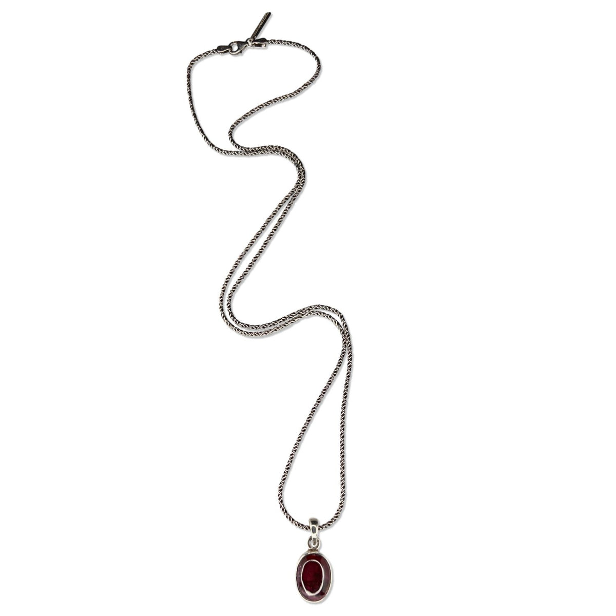 The Gage Garnet Necklace by JAREDJAMIN Jewelry Online is a sterling silver piece with a toggle clasp, featuring an oval red garnet charm framed in silver, shown on a white background.