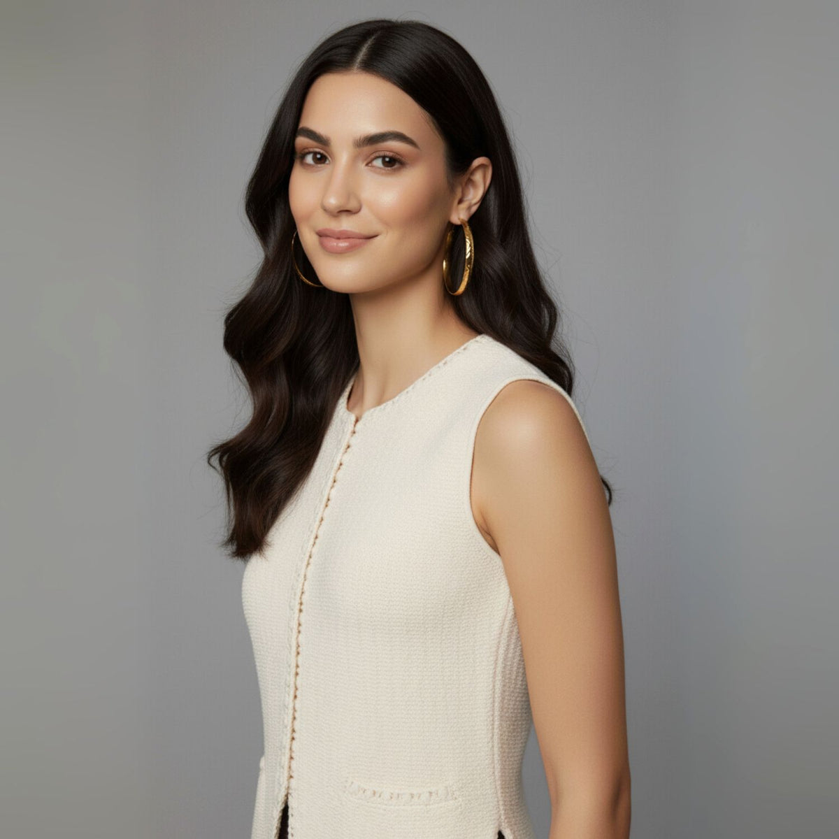Un woman avec long, wavy dark hair poses against a gray background, smiling confidently while wearing the Galilea texturé créole Post boucles d'oreilles par JAREDJAMIN Bijoux en Ligne et a sleeveless light cream top.