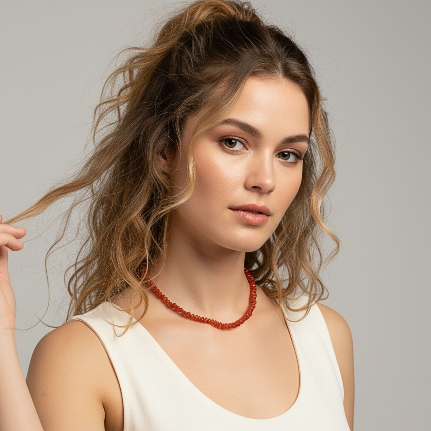 The Gemstone Trail Carnelian Necklace by JAREDJAMIN Jewelry Online features small faceted red beads and a gold adjustable chain with a rectangular tag, blending vitality with simple elegance.