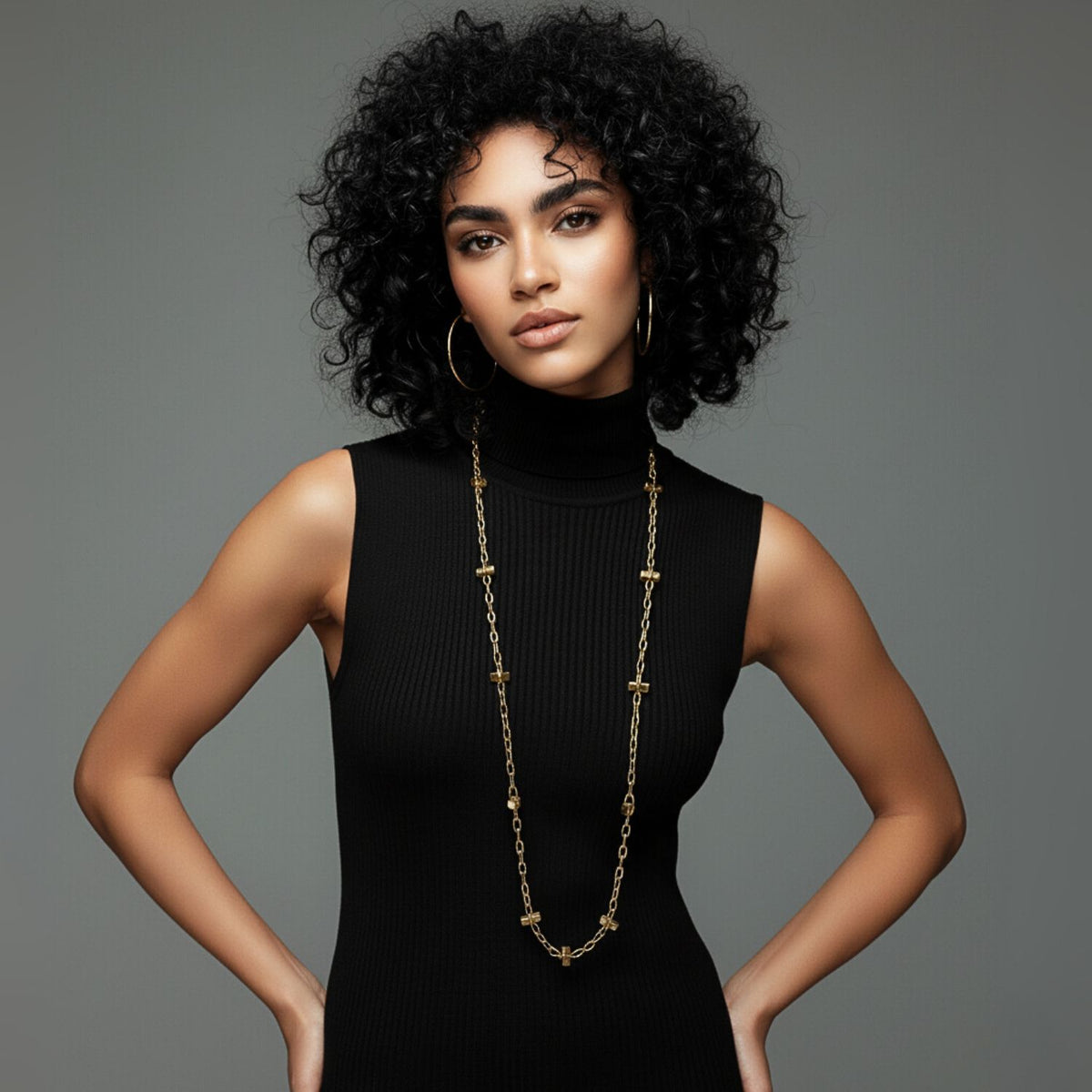 A woman with curly black hair wears a sleeveless black turtleneck dress and the JAREDJAMIN Jewelry Online Gold Blockbuster Lite Long Necklace, standing confidently with hands on hips against a plain gray background.