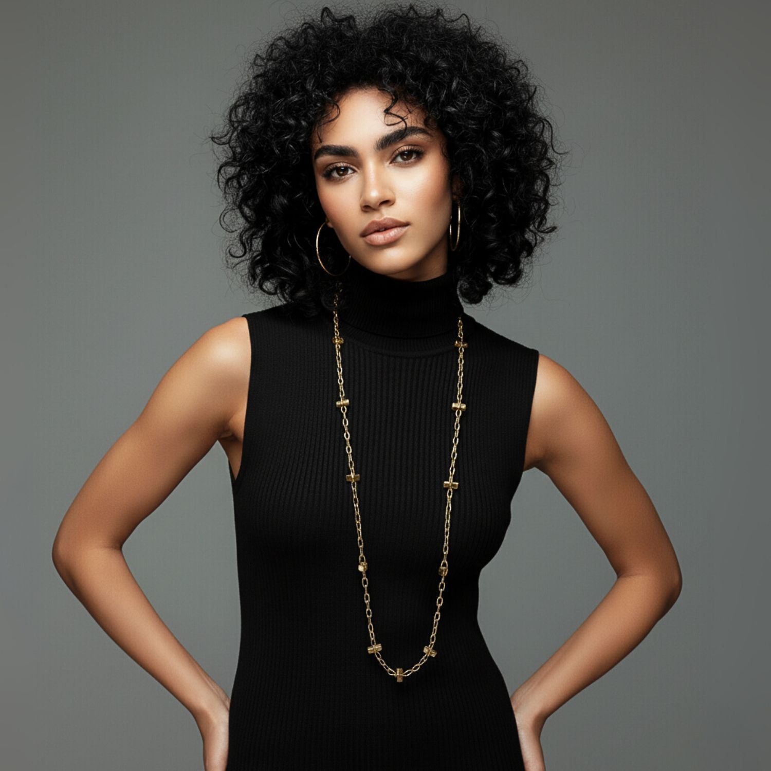 The JAREDJAMIN Jewelry Online Gold Blockbuster Lite Long Necklace is an 18K gold plated link chain adorned with evenly spaced small cross charms, offering a simple and elegant look against a white background.