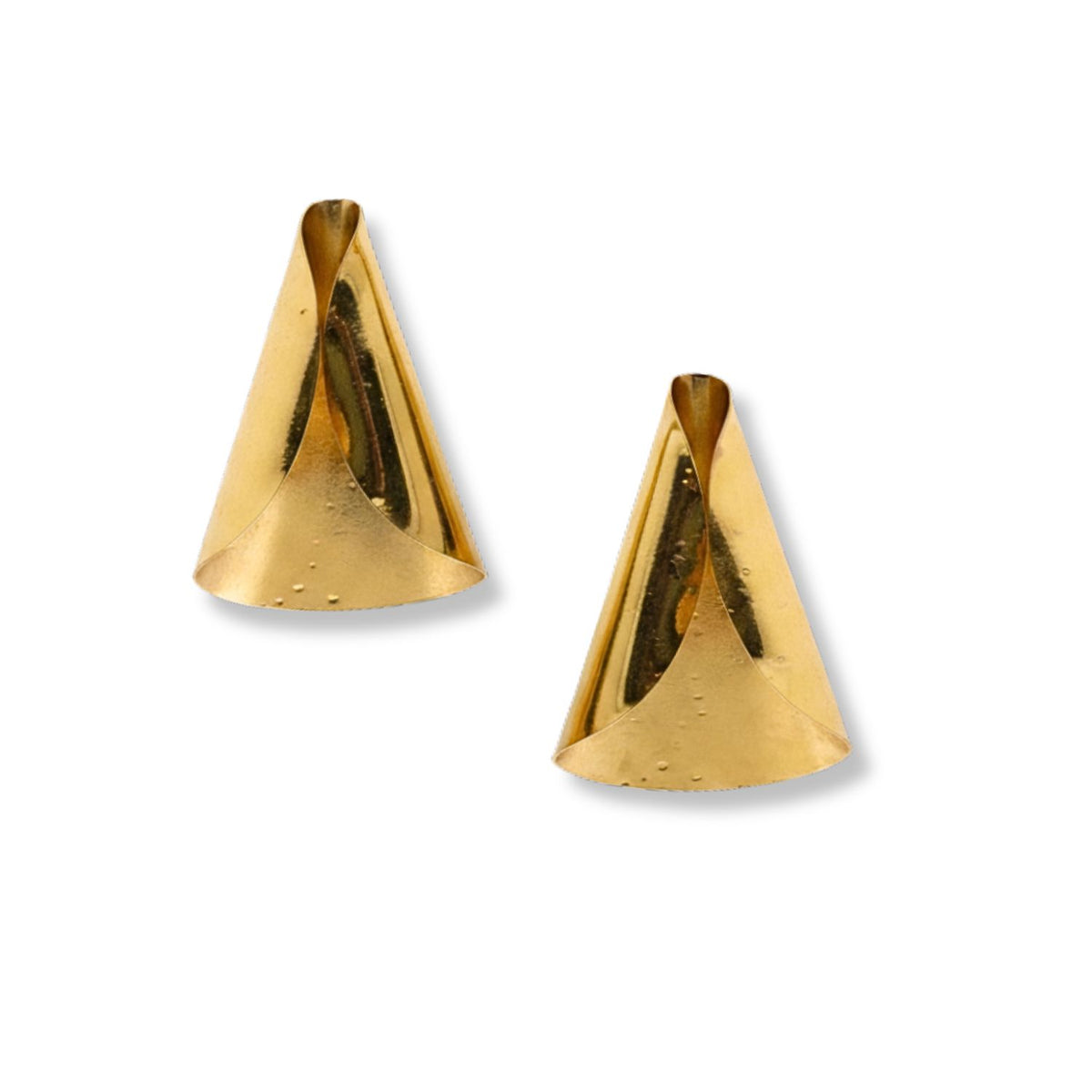 A pair of 18K gold plated Gold Connie Post Earrings by JAREDJAMIN Jewelry Online, featuring smooth, hollow open-backed cones, are shown on a plain white background with their pointed ends facing upward.