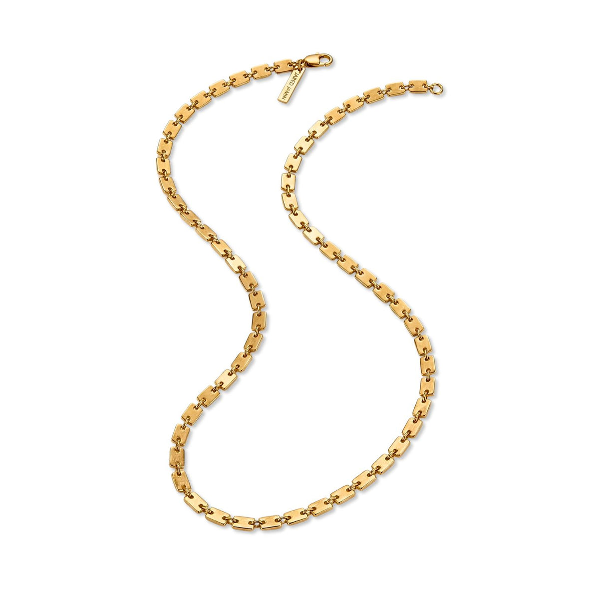 Los oro Euclid Rectangular Link cadena collar de JAREDJAMIN Joyería Online features pulido 18K oro plated rectangular links con small round connectors, an S shape, a lobster clasp, y a signature tag near the closure.