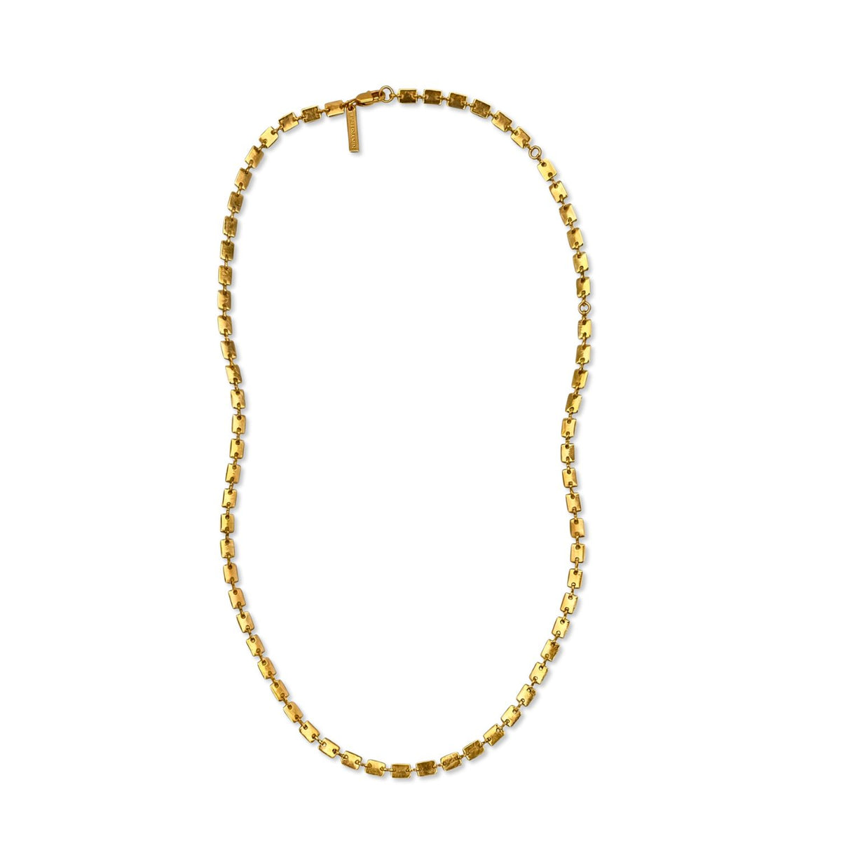 Los oro Euclid Rectangular Link cadena collar de JAREDJAMIN Joyería Online is a unisex 18K bañado en oro piece, con evenly connected oval links, a pulido finish, y a simple clasp, mostrado sobre a plain fondo blanco.