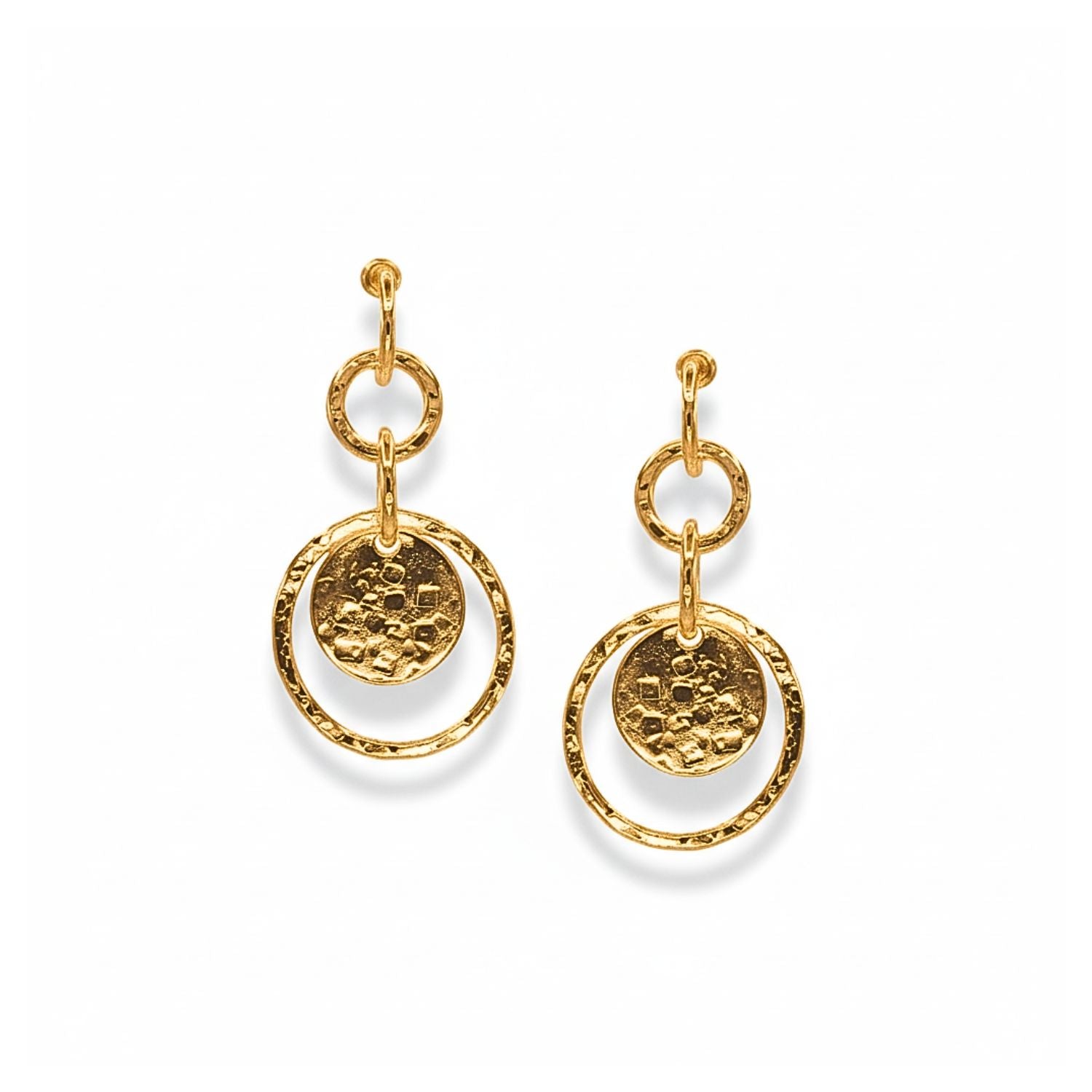 The Gold Peacock Preen Post Earrings by JAREDJAMIN Jewelry Online feature shiny gold-plated hoops linked to a hammered disc for a handcrafted look, perfect for handmade jewelry lovers. Shown on a white background.