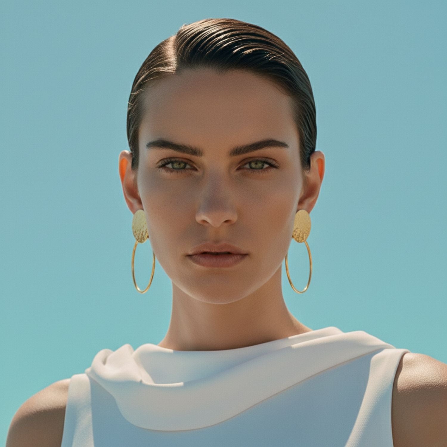 The Gold Peacock Swing Earrings by JAREDJAMIN Jewelry Online are 18K gold post earrings with a textured round disc top and thin hammered hoop, shown on a white background with soft shadows.