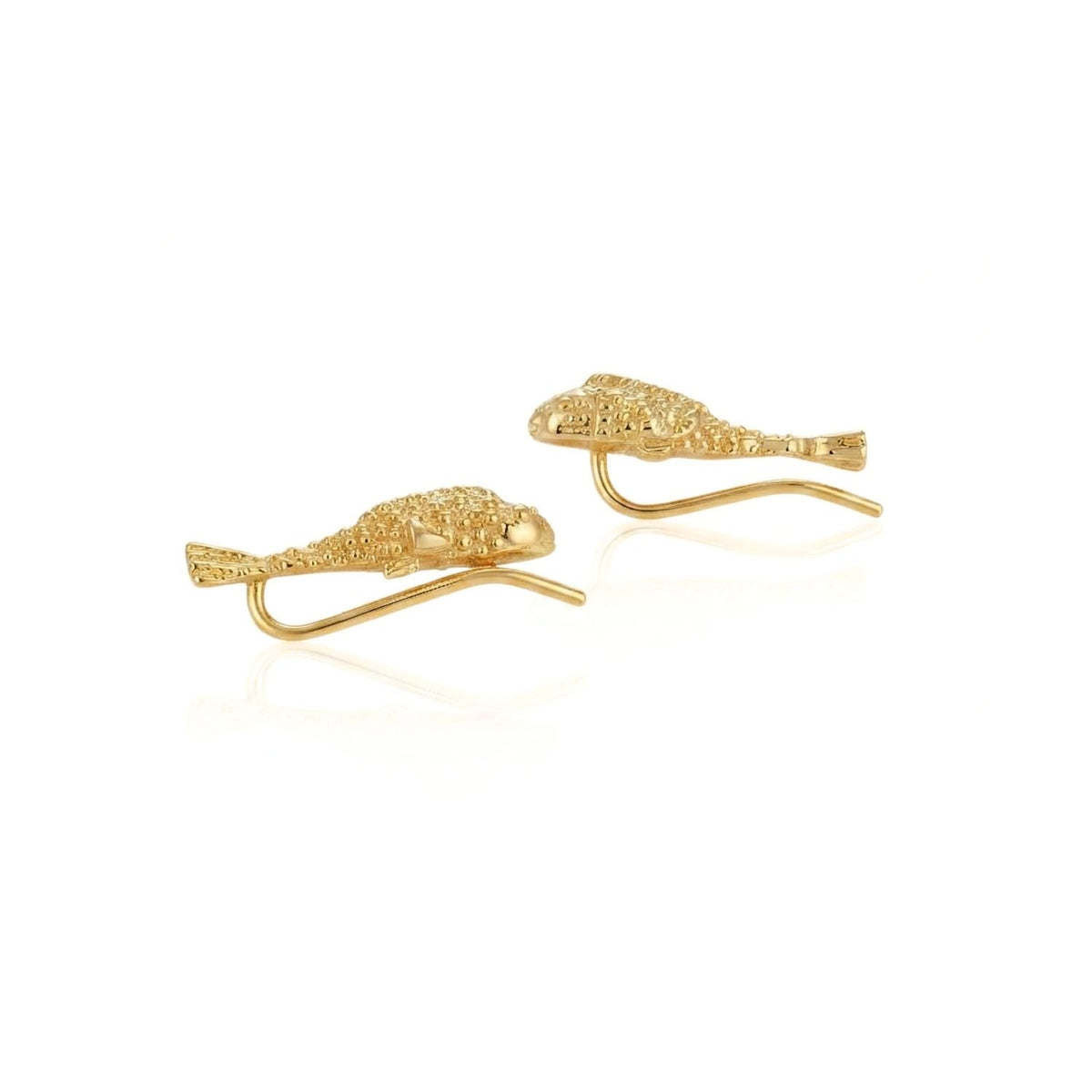 Angled studio shot of the back of the gold-plated Playing-Koi climbers, showcasing the clean, curved ear wire backings that hold the earrings securely against the ear.