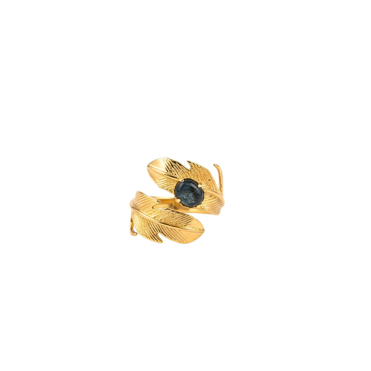 The Gold Plume Adjustable Ring by JAREDJAMIN Jewelry Online features two textured, overlapping 18k gold-plated leaves with fine vein details and a central round, dark green cabochon gemstone. The ring easily adjusts to fit your finger.