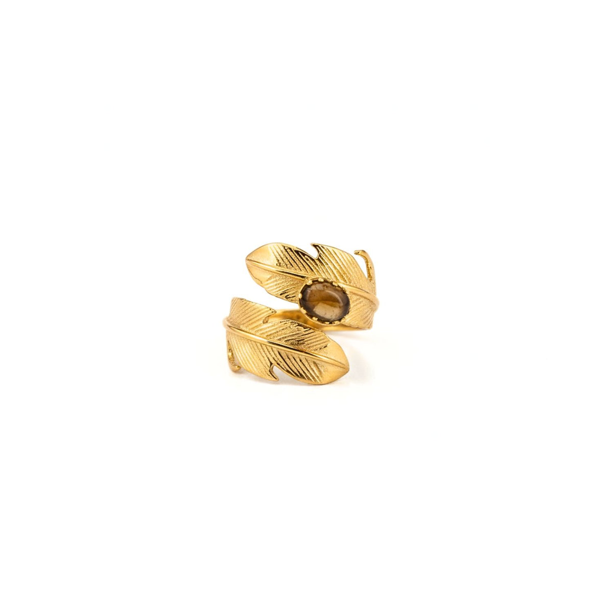 The Gold Plume Adjustable Ring by JAREDJAMIN Jewelry Online features an 18k gold plated, overlapping feather design with engraved details. This open-front ring displays facing feather tips against a plain white background.