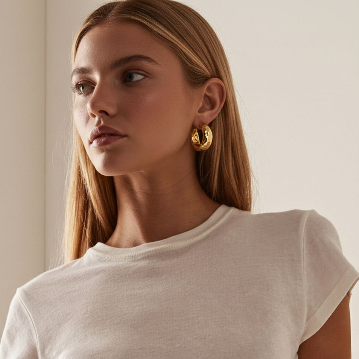 Un young woman avec long blonde hair wears a white t-shirt et JAREDJAMIN Bijoux en Ligne's or Rush créole boucles d'oreilles. She gazes left avec a neutral expression, the soft background enhancing her simple, élégant style.