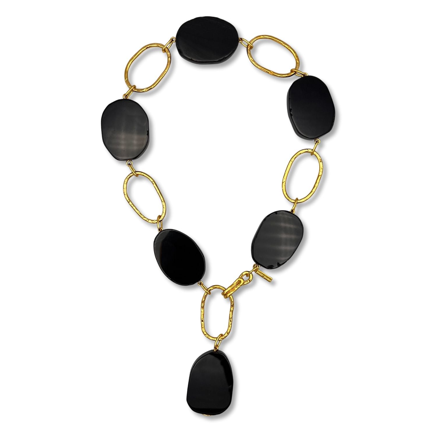 The Gold Shackle Onyx Necklace by JAREDJAMIN Jewelry Online features large, smooth, irregular oval black onyx stones and 18k gold oval links, finished with a central dangling stone and a toggle clasp for bold vintage-inspired style.