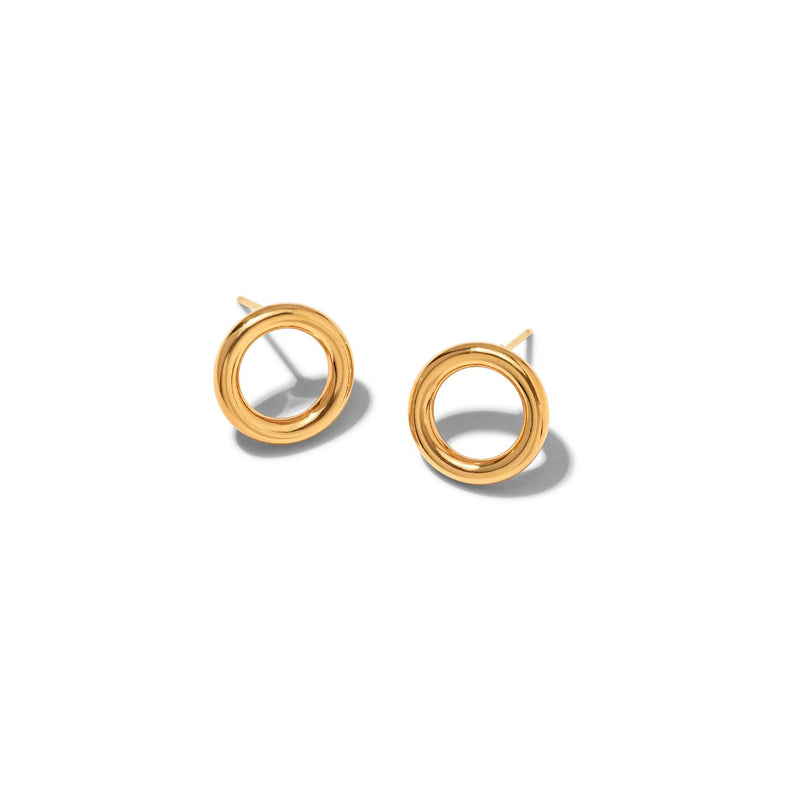 The Gold Small Rhodri Circular Post Earrings by JAREDJAMIN Jewelry Online feature double-looped, smooth, shiny 18K gold-plated hollow circles. Shown on a white background with faint shadows to the right.