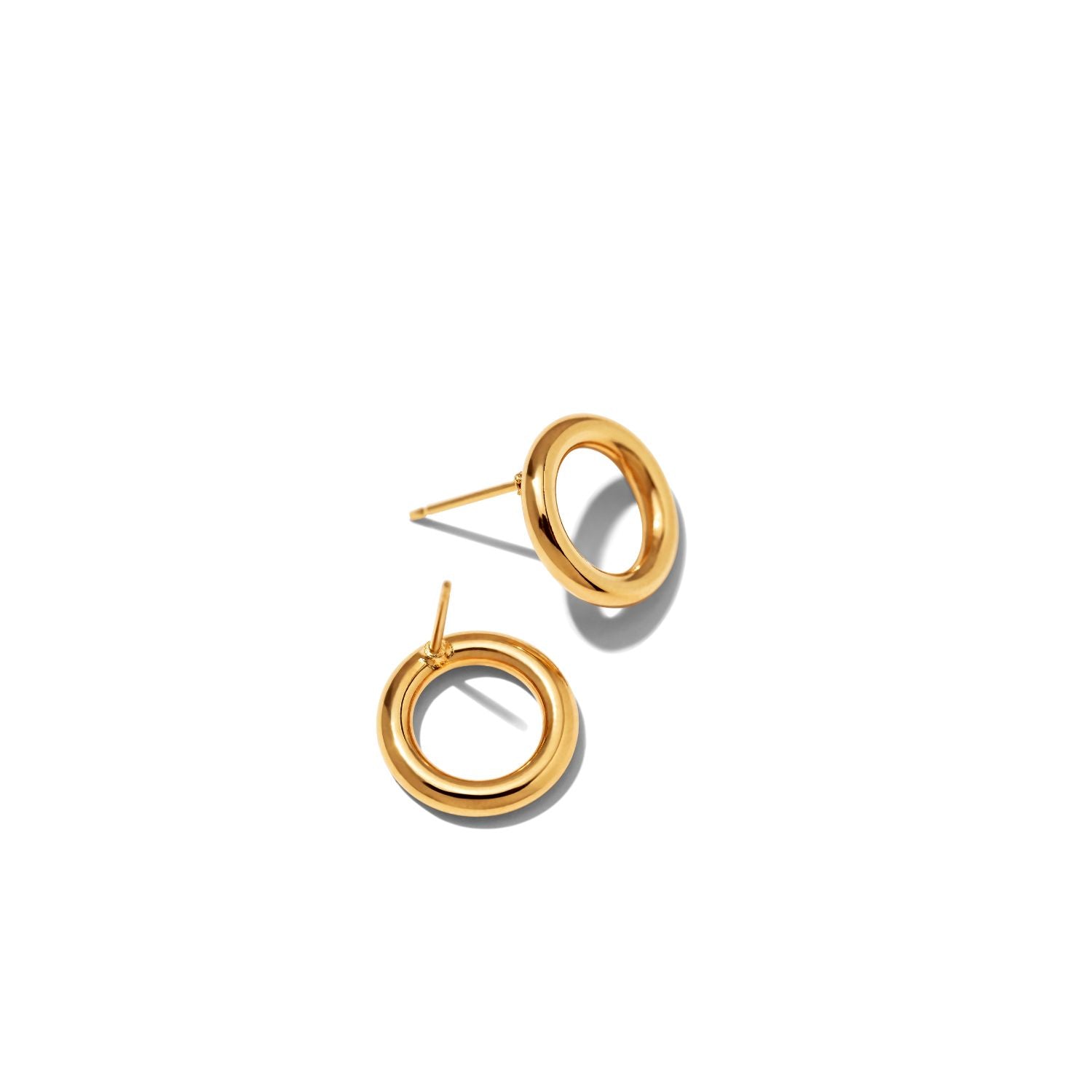 The Gold Small Rhodri Circular Post Earrings by JAREDJAMIN Jewelry Online feature double-looped, smooth, shiny 18K gold-plated hollow circles. Shown on a white background with faint shadows to the right.