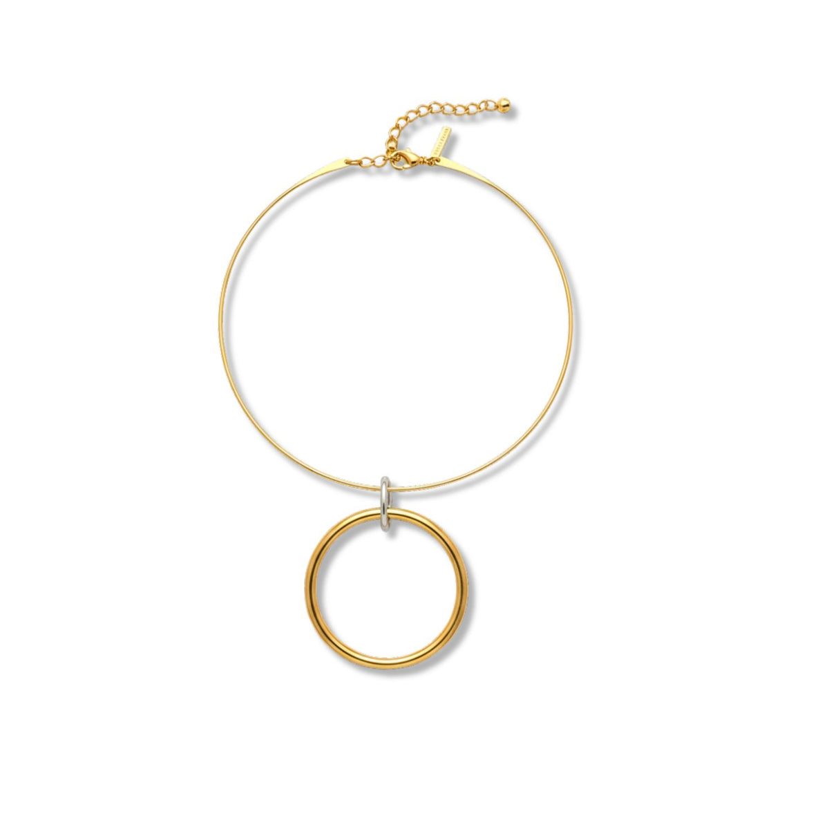 The Heavenly Hoop Wire Collar Necklace by JAREDJAMIN Jewelry Online features a minimalist gold-and-silver design with a hoop pendant, thin adjustable wire, and lobster clasp for effortless elegance and a striking, simple look.
