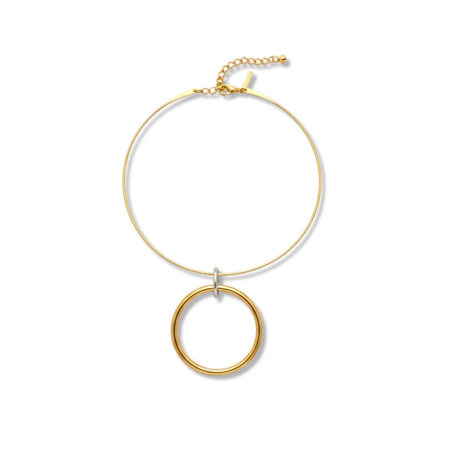 The Heavenly Hoop Wire Collar Necklace by JAREDJAMIN Jewelry Online features a minimalist gold-and-silver design with a hoop pendant, thin adjustable wire, and lobster clasp for effortless elegance and a striking, simple look.