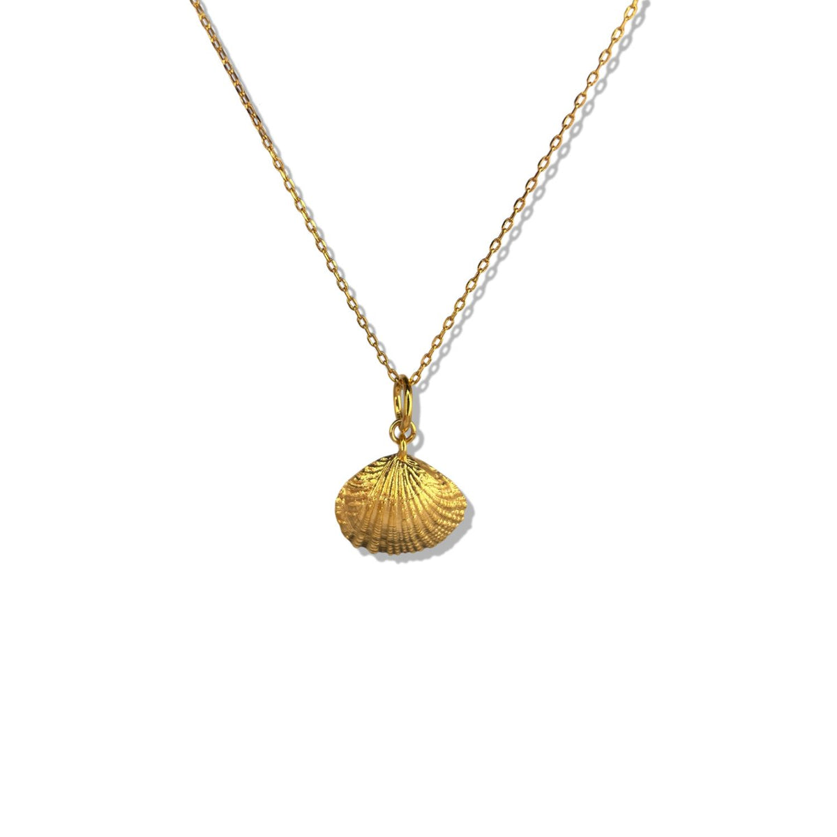 The Hidden Glimmer Pendant Necklace by JAREDJAMIN Jewelry Online features an 18k gold plated, adjustable chain with a polished, textured clam shell pendant, elegantly displayed against a white background.