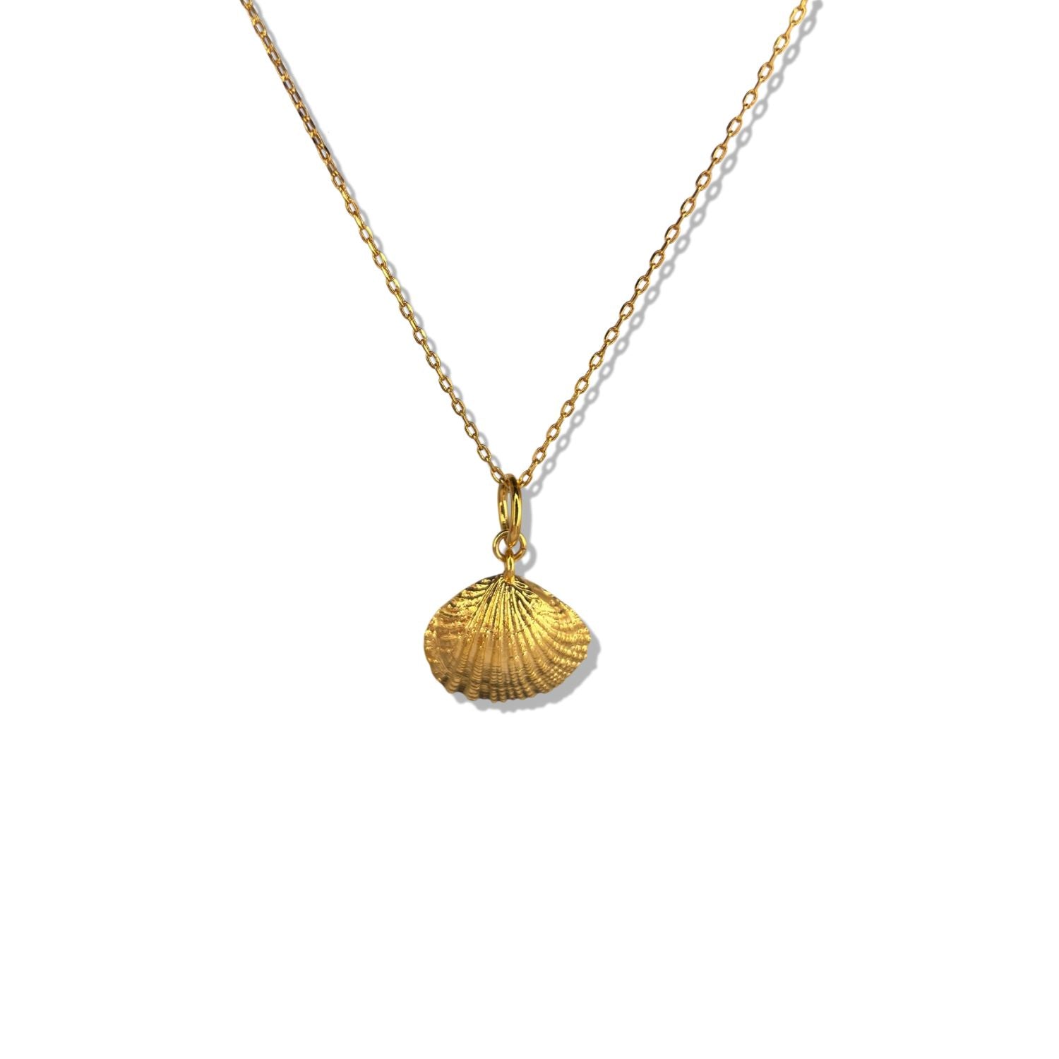 The Hidden Glimmer Pendant Necklace by JAREDJAMIN Jewelry Online features a textured 18k gold seashell-shaped pendant on an adjustable chain, shown against a plain white background that enhances its detailed ridges and shiny finish.