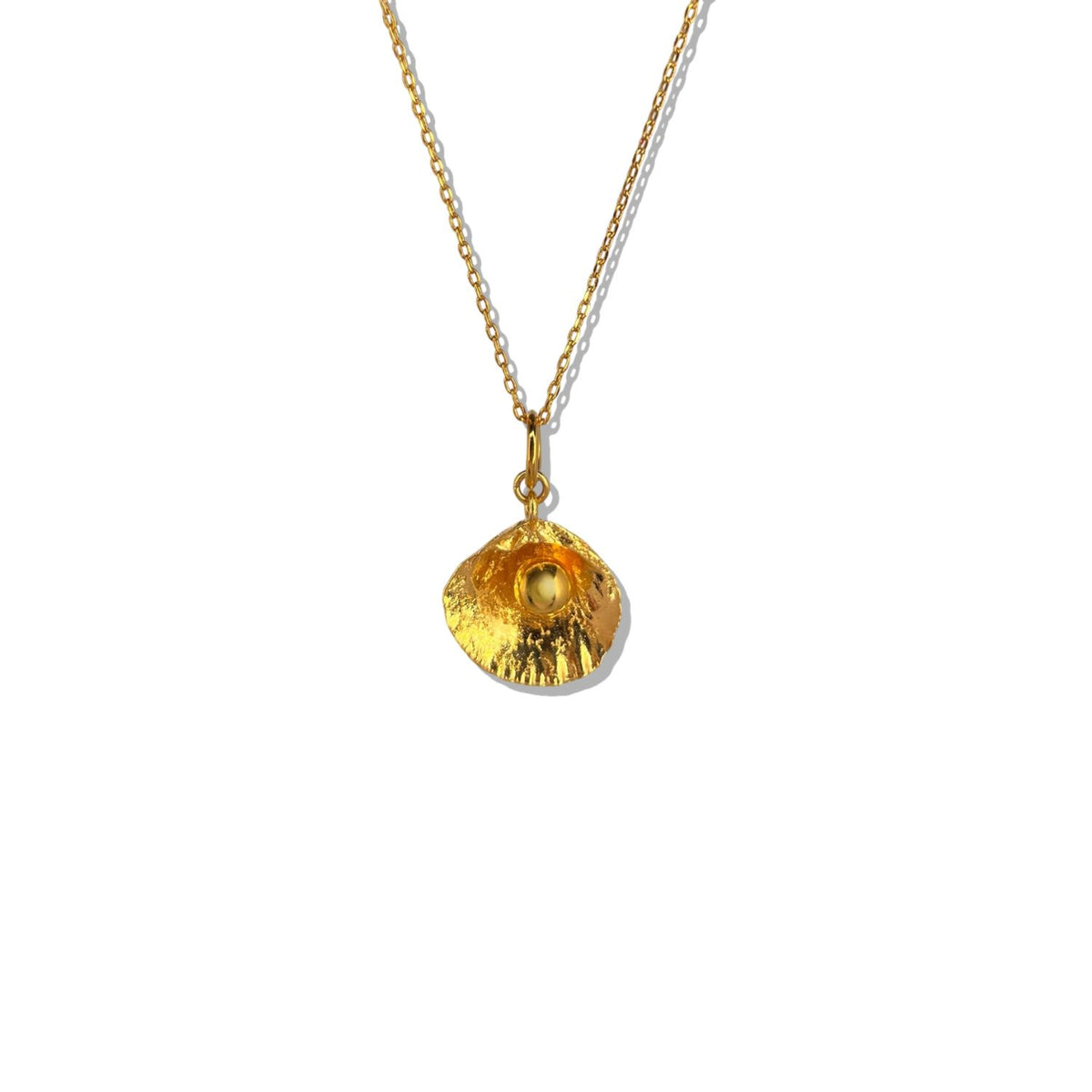 The Hidden Glimmer Pendant Necklace by JAREDJAMIN Jewelry Online is an 18k gold plated necklace with a fine, adjustable chain and a textured, clam shell-inspired circular pendant. It features a shiny, hammered finish for an artisanal look. Set against white.