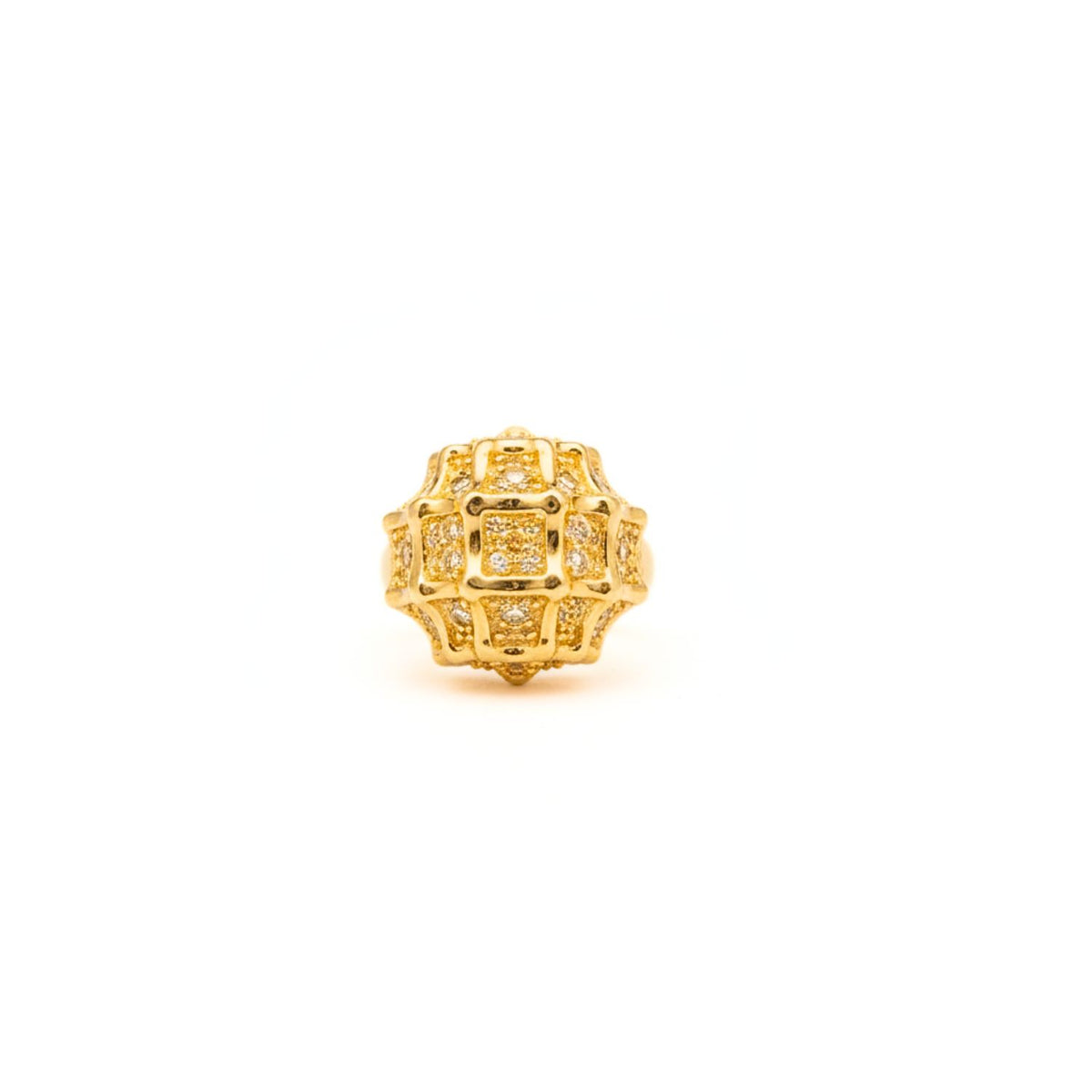 The Honeycomb Ring by JAREDJAMIN Jewelry Online features a bold gold geometric dome design with raised square and rectangular patterns, encrusted with sparkling cubic zirconia on top, shown against a plain white background.