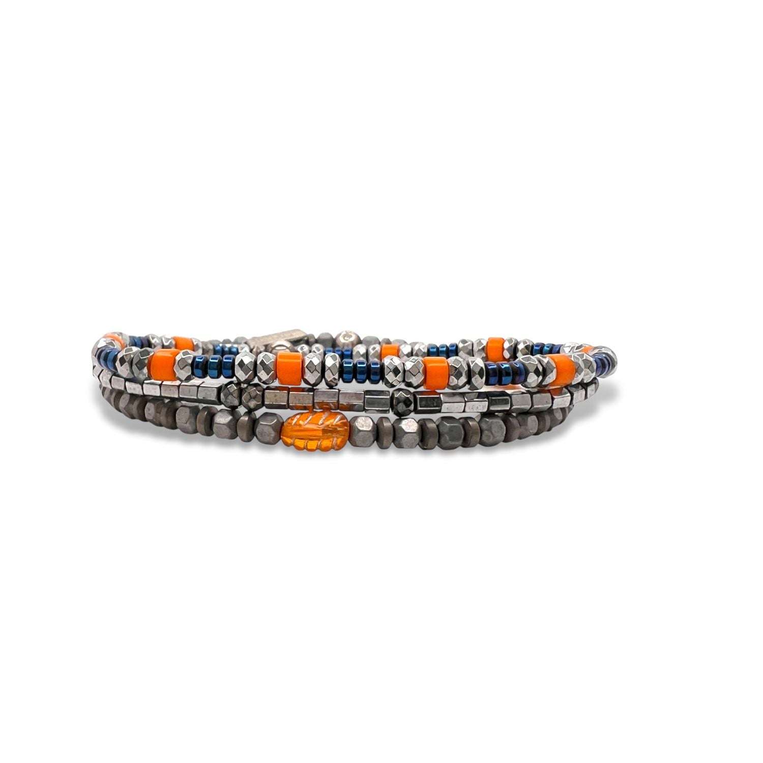 The Hot Rod Apache Bracelet Set by JAREDJAMIN Jewelry Online features multi-strand heishi beads in metallic, gray, blue, and orange with a bold central orange leaf-shaped bead for a layered, textured effect.