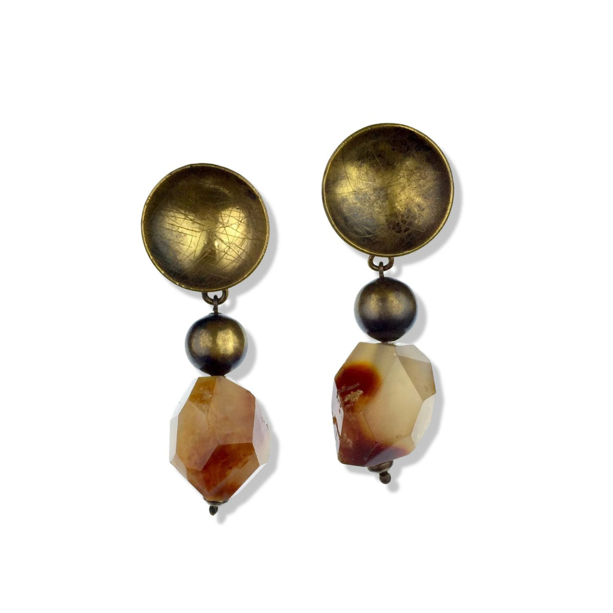 The Iron Bowl Clip Earrings by JAREDJAMIN Jewelry Online feature vintage-inspired round textured brass studs with a brass bead and a faceted, irregular brown and cream gemstone drop, shown on a white background.