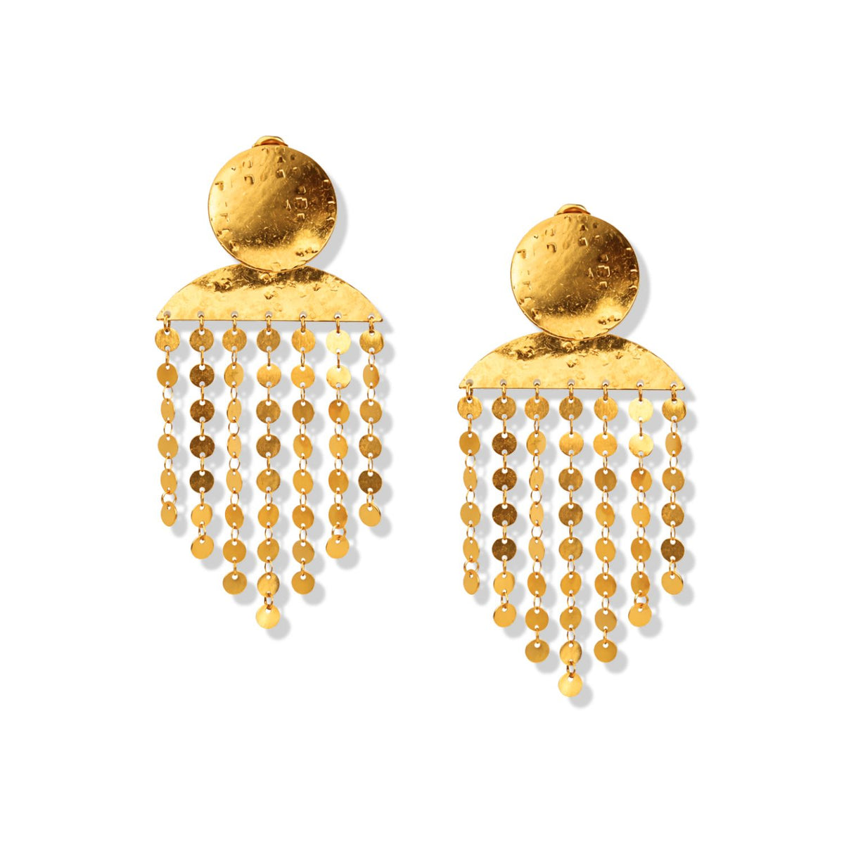 The Koren Clip On Earrings by JAREDJAMIN Jewelry Online feature 18k gold hammered circular studs above semi-circular pieces, with cascading dangling strands and gold discs for a textured, shiny fringe effect.