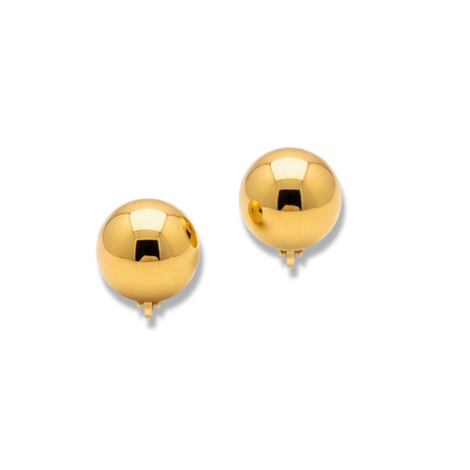 The Gold Large Orbita Clip Earrings from JAREDJAMIN Jewelry Online are shiny, spherical, gold-plated earrings with a smooth, highly reflective finish and classic ball-shaped design, displayed on a plain white background.