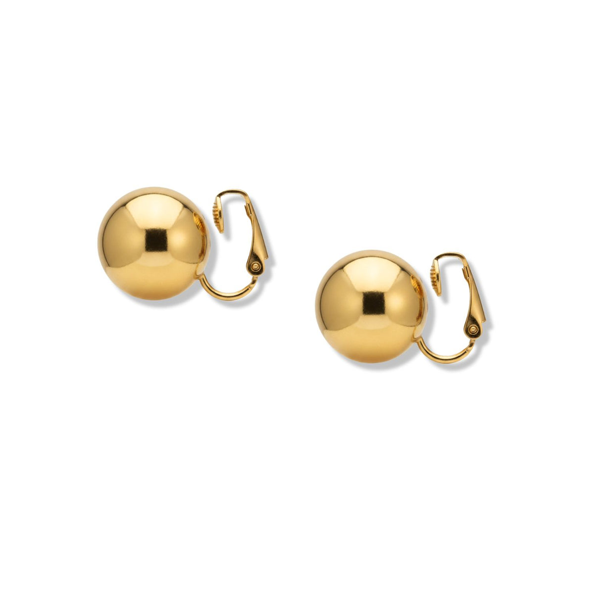 The Gold Large Orbita Clip Earrings from JAREDJAMIN Jewelry Online feature polished, round gold-plated spheres with hinged clip backs, shown on a white background.