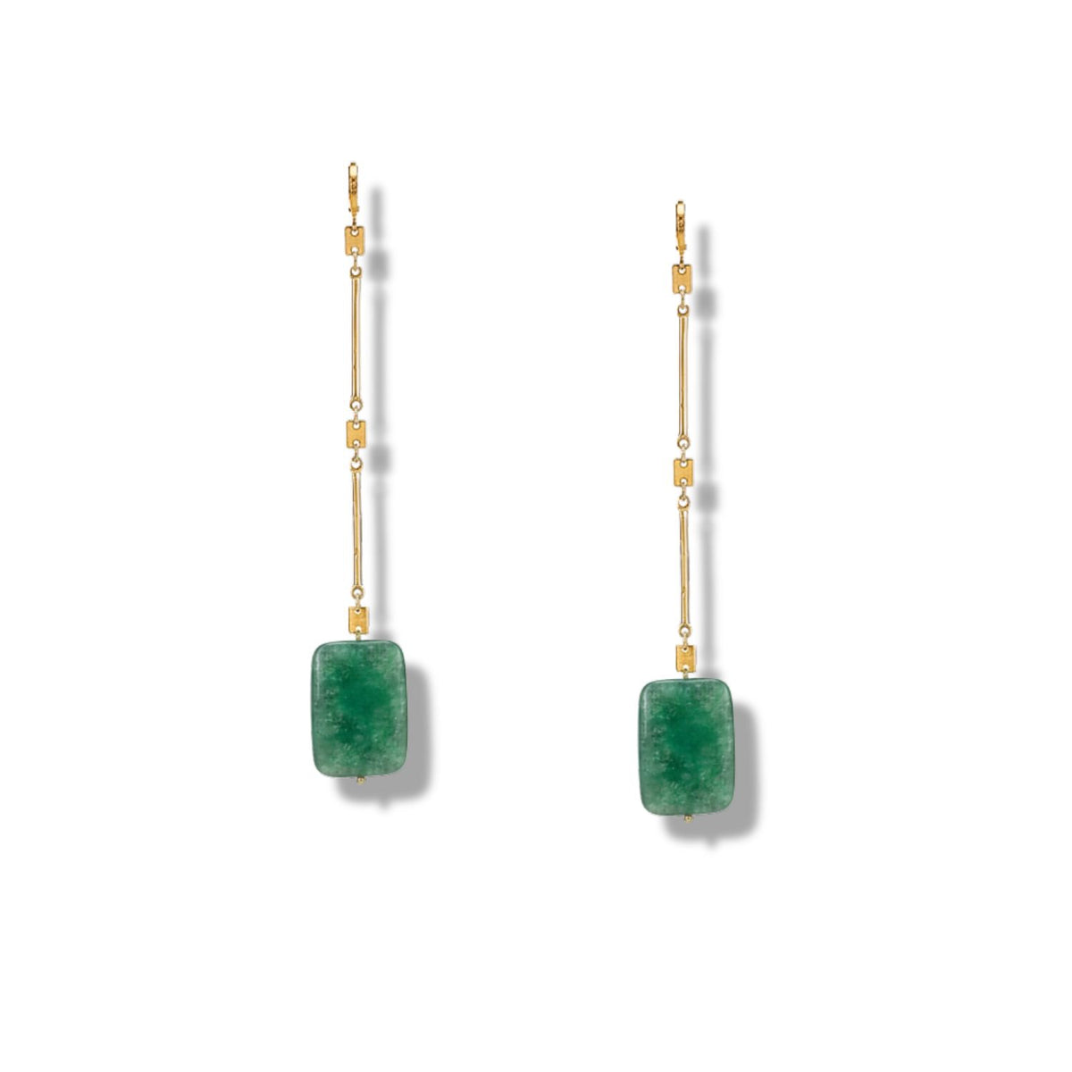 The Lattice of Gladys Aventurine Drop Earrings by JAREDJAMIN Jewelry Online feature long 18K gold-plated bars with geometric details and rectangular green gemstone pendants, shown against a white background.