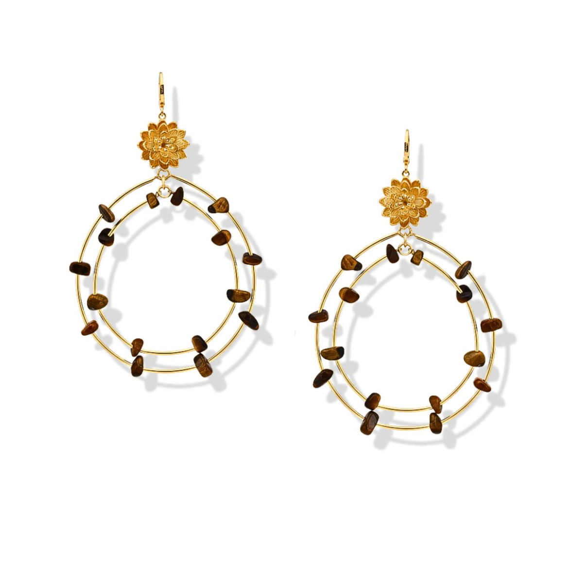 The Lotus Dream Tiger's Eye Chandelier Earrings by JAREDJAMIN Jewelry Online feature two concentric 18k gold plated oval hoops adorned with brown beads and finished with a decorative floral stud, set against a white background.