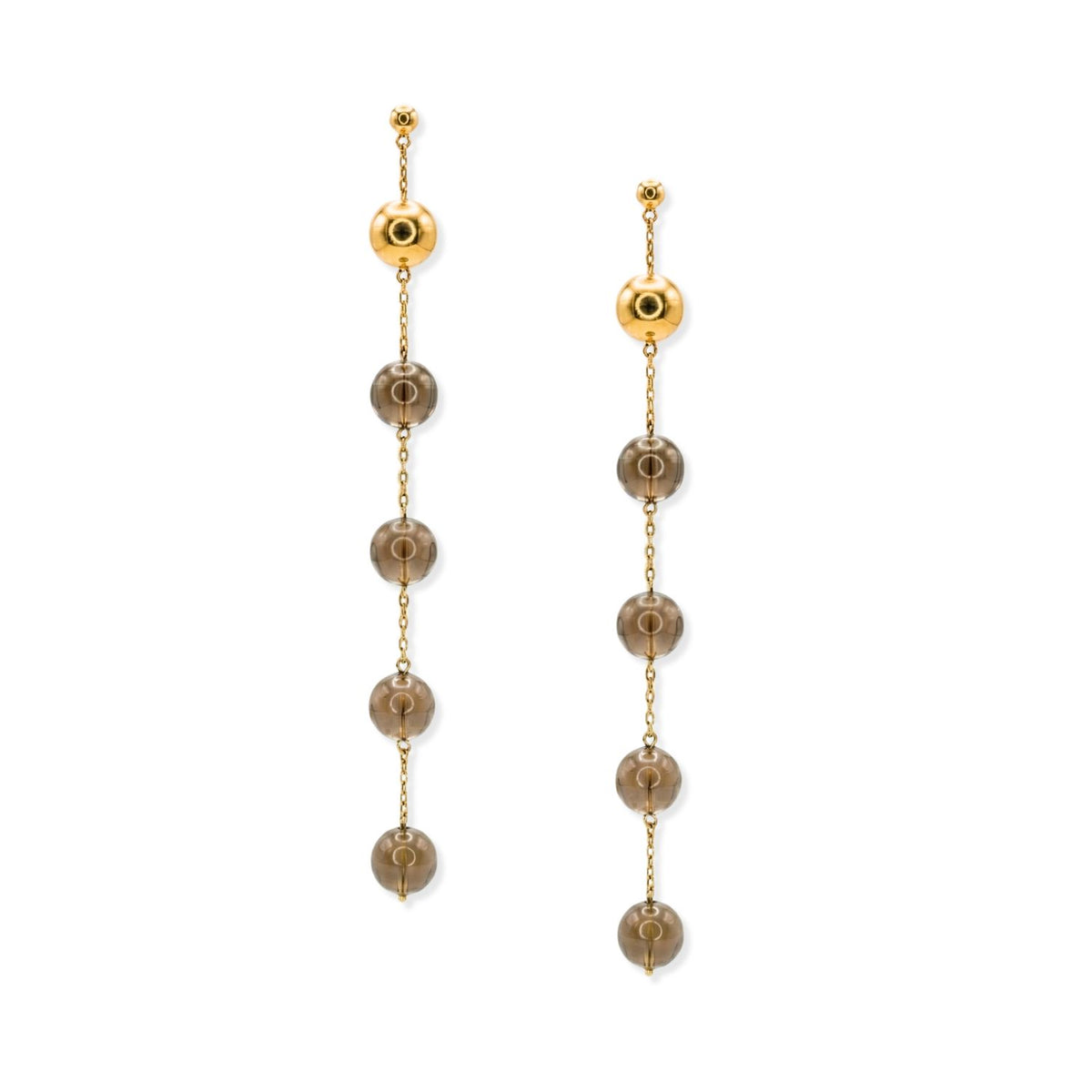 The Nora Dangle Smoky Quartz Earrings by JAREDJAMIN Jewelry Online feature 18k gold studs linked by a delicate chain to four evenly spaced round translucent brown smoky quartz beads, creating an elegant look on a white background.