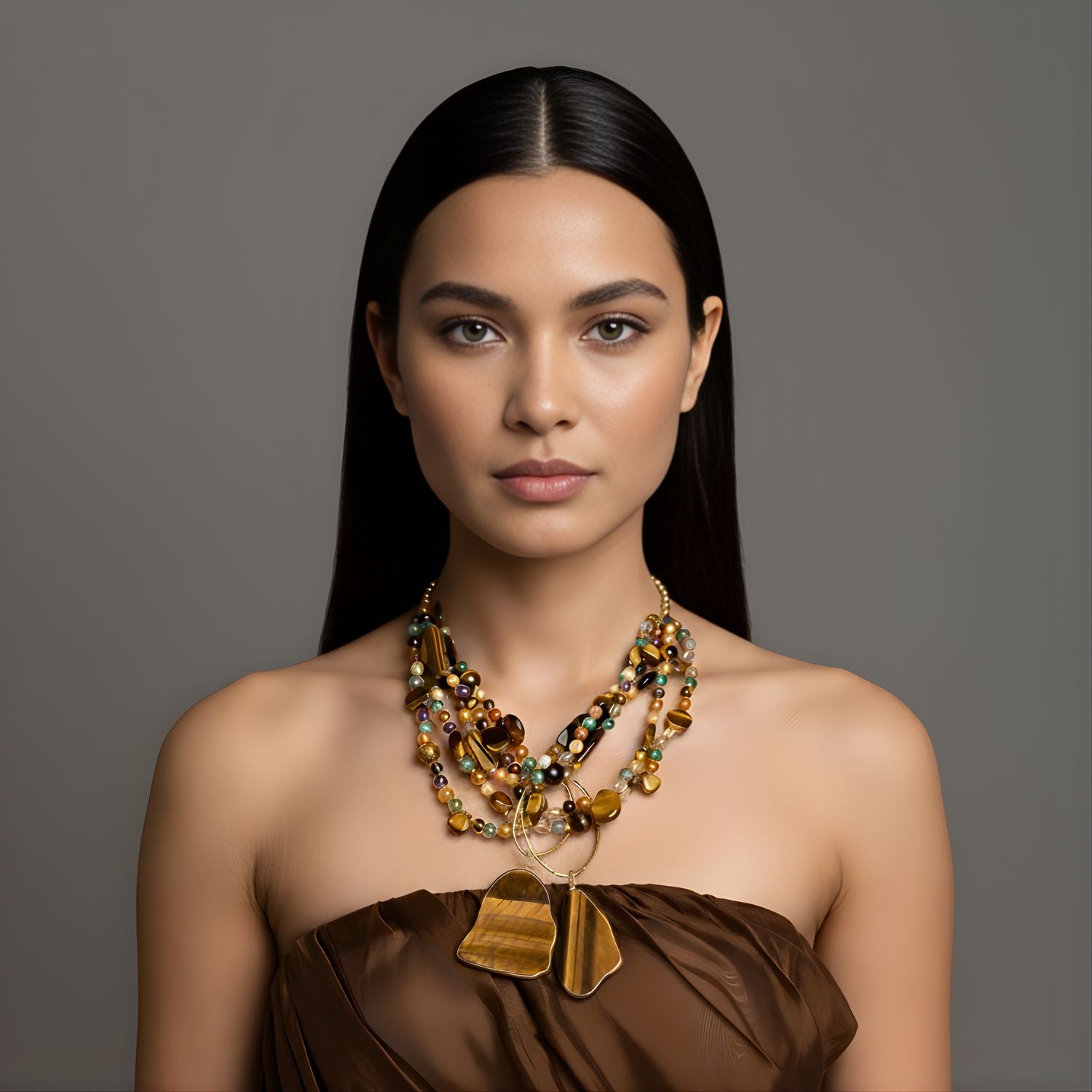 The Sybil Tiger’s Eye Gemstone Necklace from JAREDJAMIN Jewelry Online features gold chains, layered brown, yellow, and purple beads, large tiger’s eye gemstones, and gold loops for a striking artisanal look.