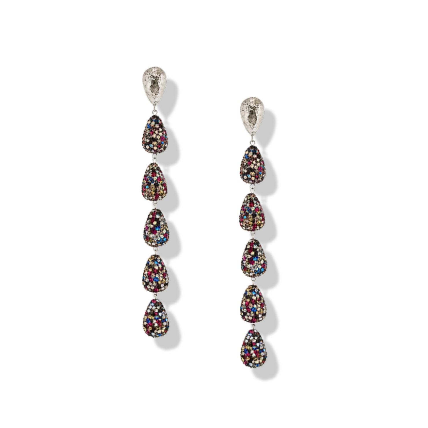 The Pâques Drop Post Earrings by JAREDJAMIN Jewelry Online feature long, lightweight dangles with silver teardrop studs and four multicolored gemstone-encrusted segments that sparkle vibrantly against a white background.
