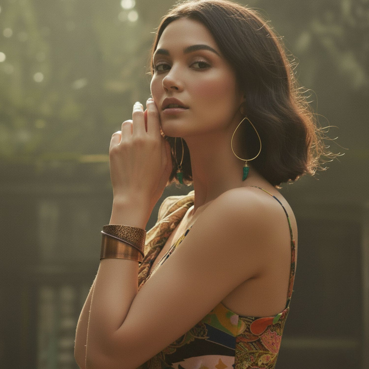 A young woman with wavy dark hair poses outdoors in soft sunlight, wearing a patterned sleeveless dress, chunky boho jewelry, and Patina Bow Horn Patina Earrings by JAREDJAMIN Jewelry Online. She gently touches her face, gazing at the camera.