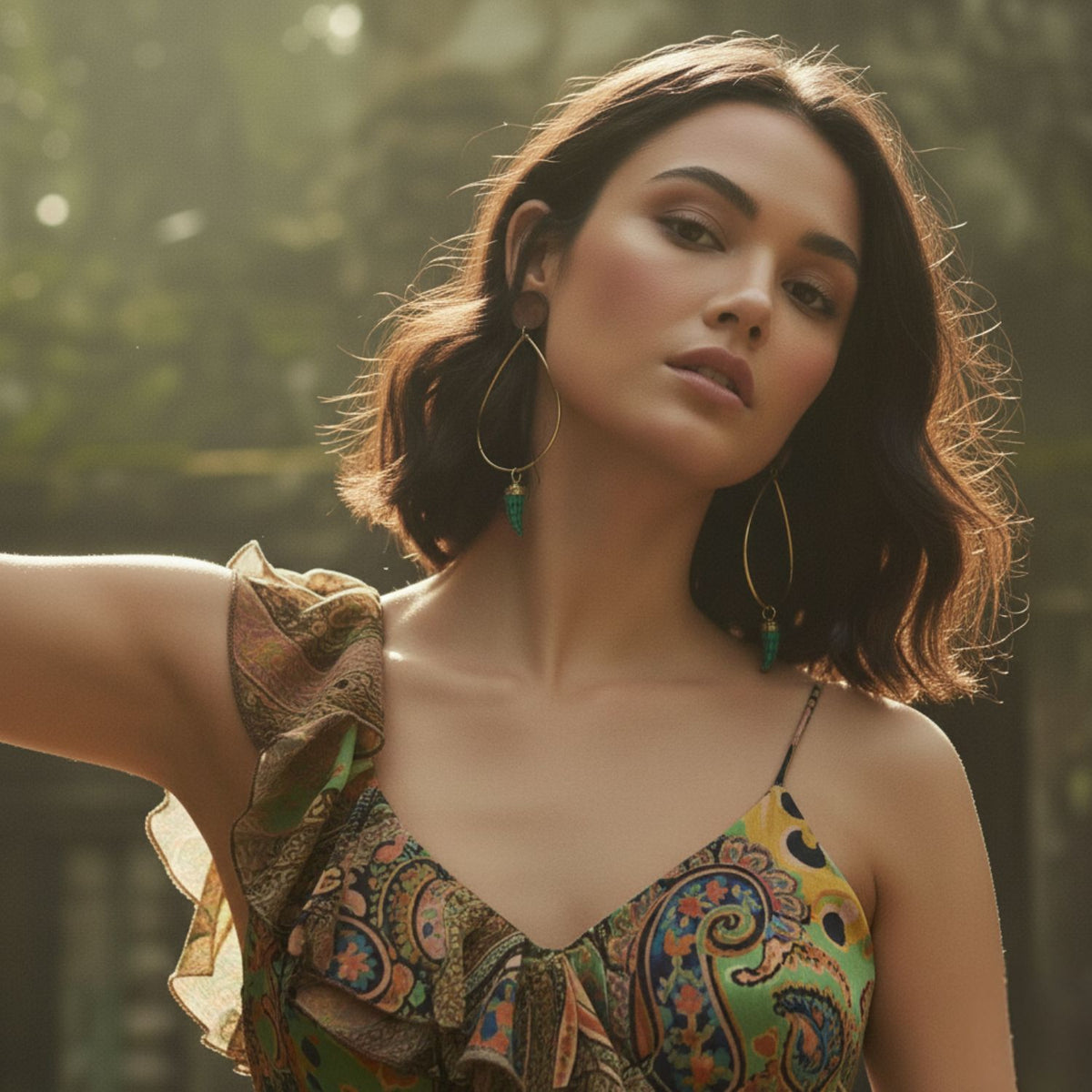 A woman with wavy brown hair wears JAREDJAMIN Jewelry Online’s Patina Bow Horn Patina Earrings. She stands outdoors in soft sunlight, surrounded by greenery, gazing confidently at the camera with a relaxed expression.