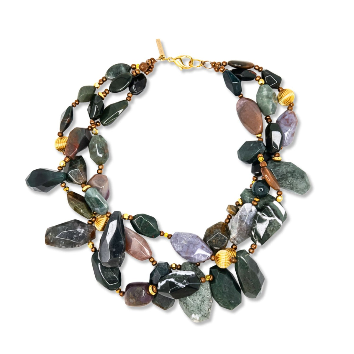 The Pebble Brook Jasper Necklace by JAREDJAMIN Jewelry Online features chunky multi-strand layers with green, purple, and brown polished stones, small gold beads, hand-knotted jasper, and a gold clasp.