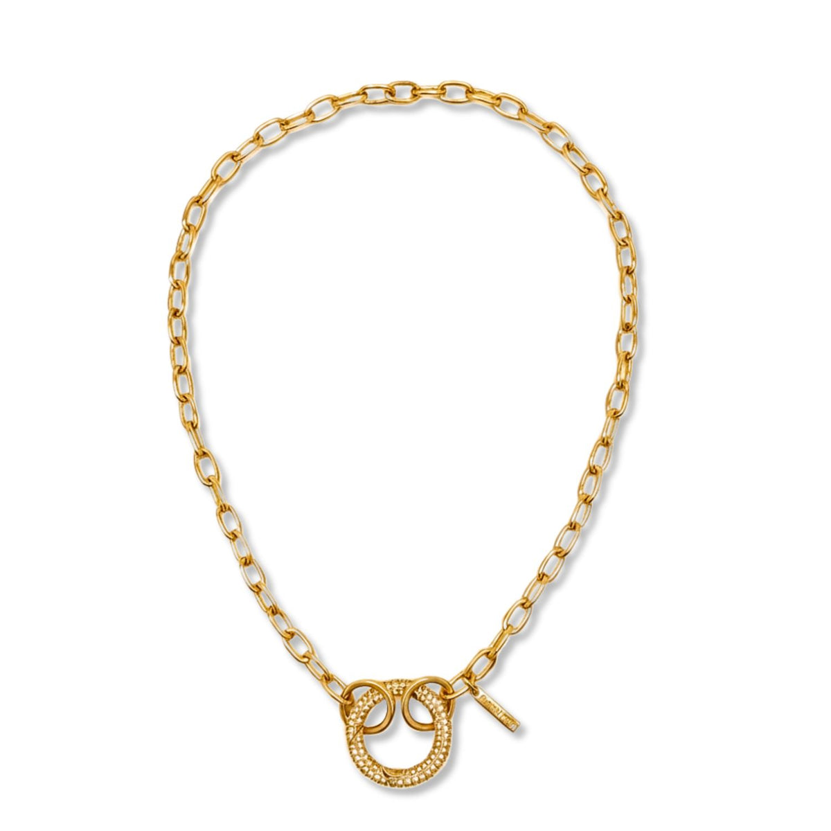 The Reaction Circular Pave Clasp Necklace by JAREDJAMIN Jewelry Online features an 18-inch gold oval-link chain and a textured circular pendant with a toggle bar clasp, elegantly displayed in an oval shape on a plain white background.