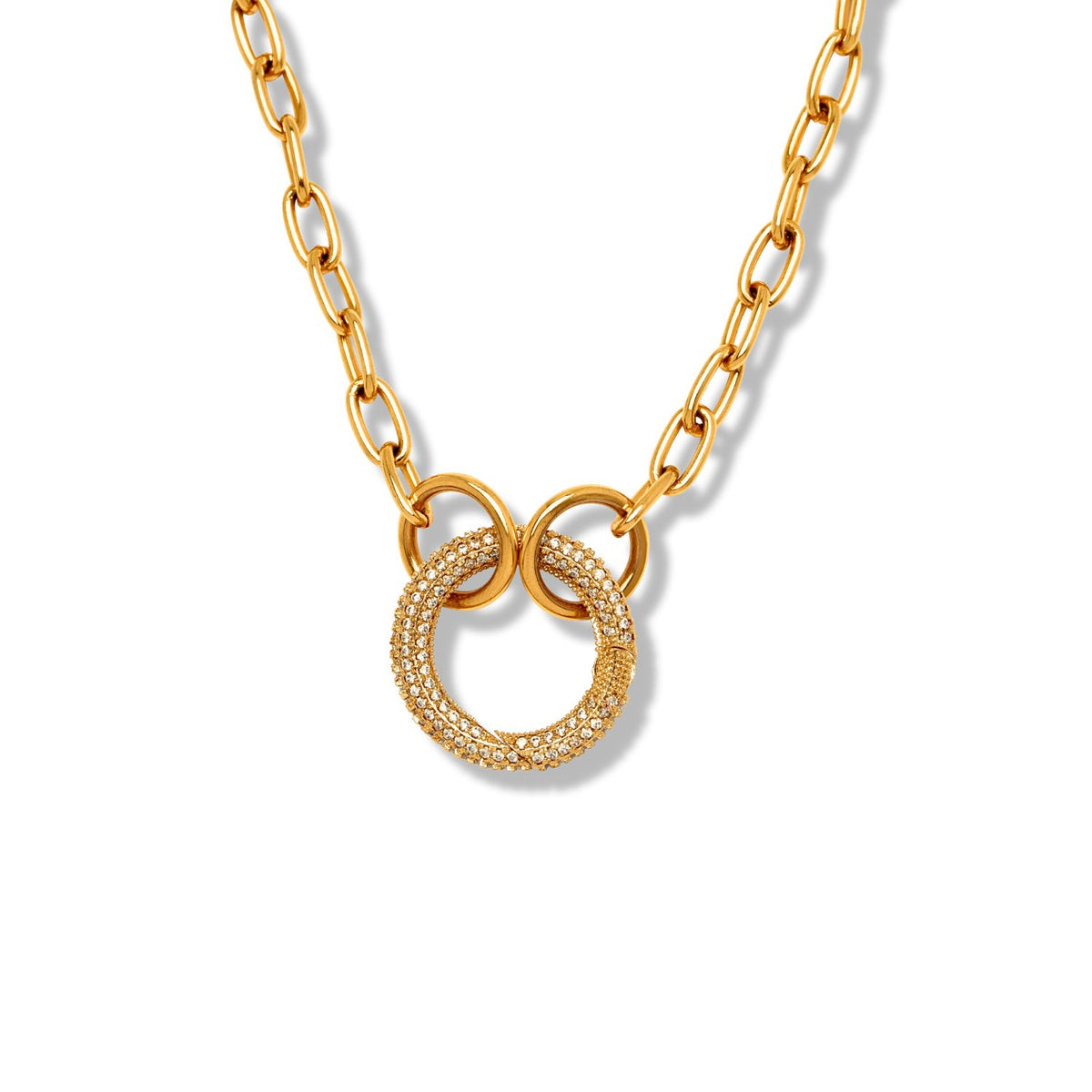 The JAREDJAMIN Jewelry Online Reaction Circular Pave Clasp Necklace features large gold oval links and a trio of interlocking rings, including a Cubic Zirconia-encrusted circle, on an 18-inch gold chain against a white backdrop.