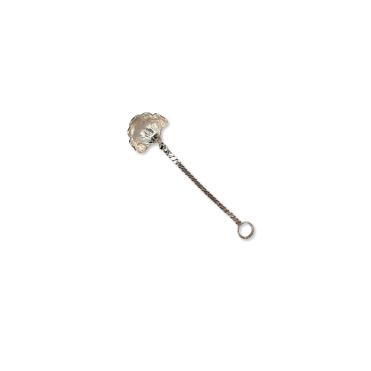 The Silver Gingko Salt Spoon from JAREDJAMIN Barware and More features a twisted handle, scalloped seashell bowl, and round loop end. A charming accent for your table, it comes as part of their Condiment Spoons Set against a white background.