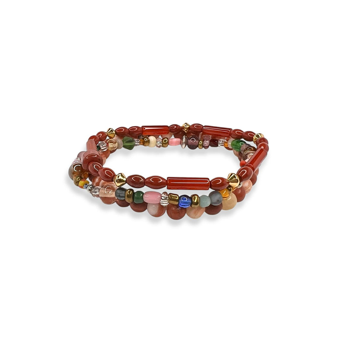 The Scorpion King Bracelet Set by JAREDJAMIN Jewelry Online features a coiled design with vibrant red, green, gold, blue, clear, and orange beads of assorted shapes and sizes for a bold layered look on a white background.