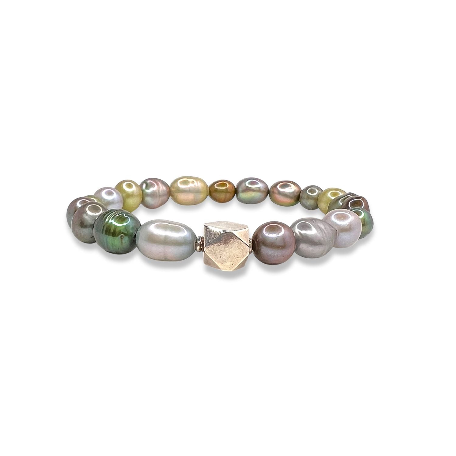 The Seabed Pebble Stretch Bracelet by JAREDJAMIN Jewelry Online features irregular green, gold, pink, and grey freshwater pearls with a central faceted metallic gold bead, all set on elastic for easy wear.